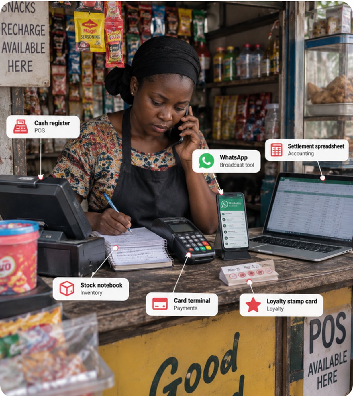 Merchant using six disconnected tools